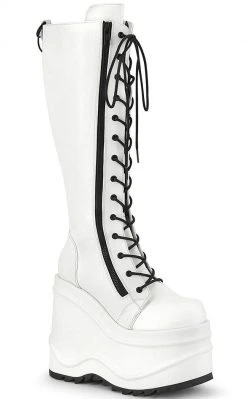 Demonia WAVE-200 White Vegan Leather Knee High Platform Boots Shoes