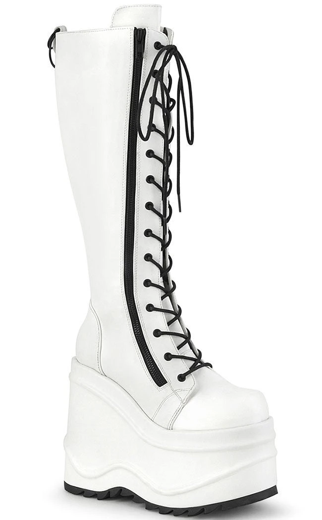 Demonia WAVE-200 White Vegan Leather Knee High Platform Boots Shoes 3 Demonia WAVE-200 White Vegan Leather Knee High Platform Boots Shoes