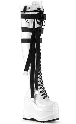 Demonia WAVE-315 White Patent Thigh High Platform Boots Shoes