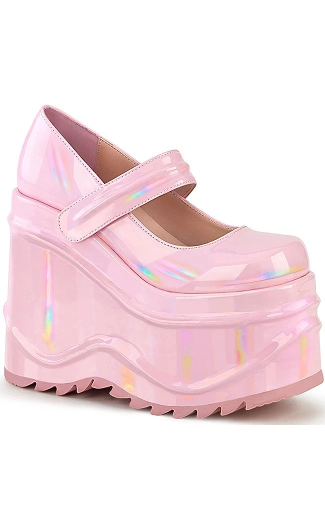 Demonia WAVE-32 Baby Pink Holographic Platform Mary Janes 3 Demonia WAVE-32 Baby Pink Holographic Platform Mary Janes