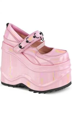 Demonia WAVE-48 Baby Pink Holographic Platform Mary Janes