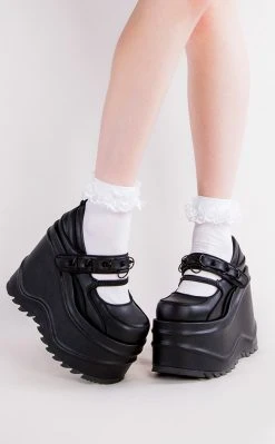 Demonia WAVE-48 Black Vegan Leather Platform Mary Janes Shoes