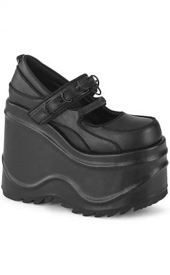Demonia WAVE-48 Black Vegan Leather Platform Mary Janes Shoes