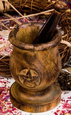 TB Wooden Pentagram Mortar And Pestle Witchcraft
