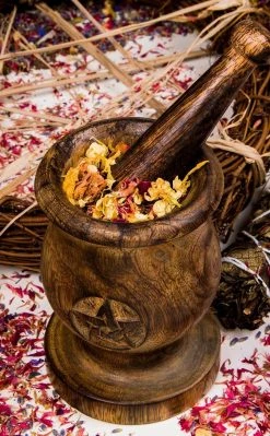 TB Wooden Pentagram Mortar And Pestle Witchcraft